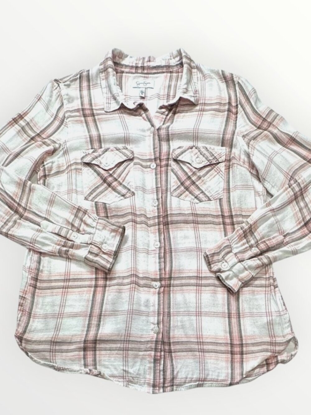 Jessica Simpson Womens Plaid Button-Up Shirt Long Sleeve Pink Multicolor Size L - Picture 5 of 15